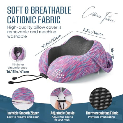 SkytraxComf® Travel Neck Pillow with Hood for Privacy on Long Flights - color: Colorful