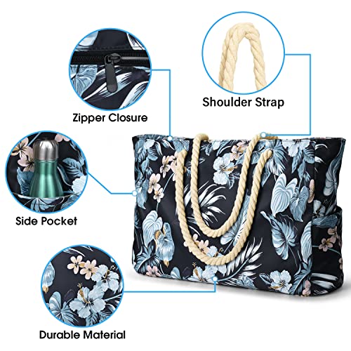 Becokan Beach Bag Large Beach Tote Bag for Women Waterproof Sandproof Swim Pool Bag With Zipper - color: Flower