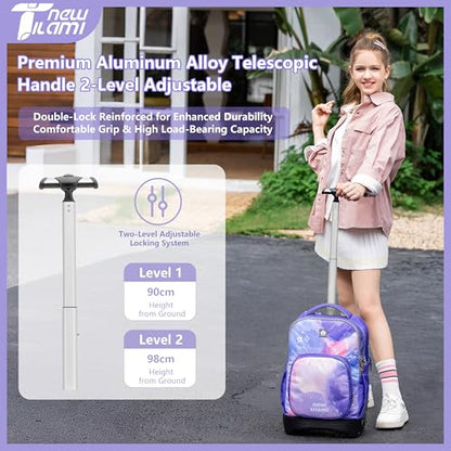 NEW TILAMI 18 Inch Rolling Backpack with Lunch Bag for Girls Boys School - color: Purple Sky