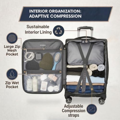 Ricardo Beverly Hills Softside 2 Piece: 20 Carry-On & 24 Medium Checked, Lightweight Expandable Luggage Set, Spinner Wheels, TSA Lock, Telescopic Handle, Eco-Friendly Material, Ashbury Series, Navy - color: Navy, size: 2-Piece Set (20, 24)