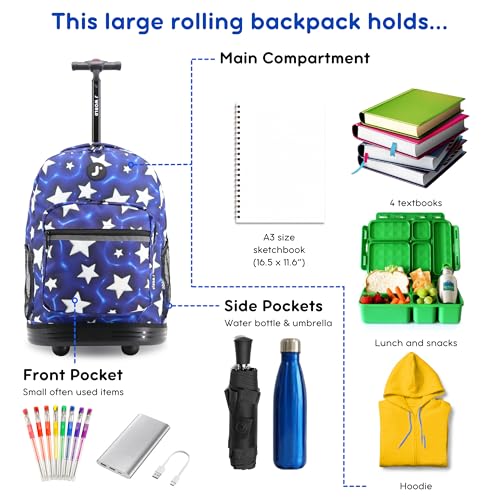 J World Sunrise Kids Rolling Backpack with Wheels for Girls Boys, Roller Bookbag for School, 18 x 13 x 9 Inches, Puffy Star - color: Puffy Star