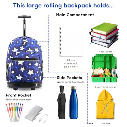 J World Sunrise Kids Rolling Backpack with Wheels for Girls Boys, Roller Bookbag for School, 18 x 13 x 9 Inches, Puffy Star - color: Puffy Star