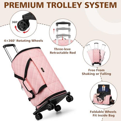 Rolling Garment Bag for Travel, 50L Duffle Bag with Shoe Compartment, 4pcs - color: Pink