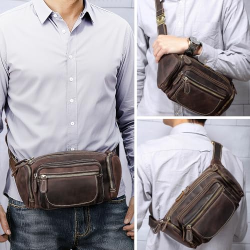 TIDING Leather Fanny Pack Multi-Pockets Waist Belt Bag for Men - color: Dark Brown