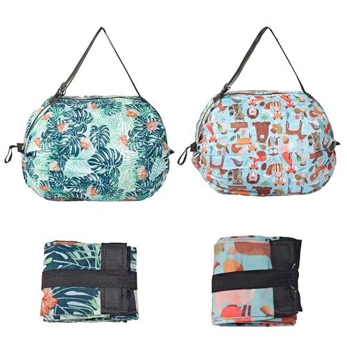Foldable Reusable Tote Bags - Thickened 210D Nylon Waterproof Grocery Shopping Bag with Zipper & Adjustable Strap - color: Group 1-2 Pack