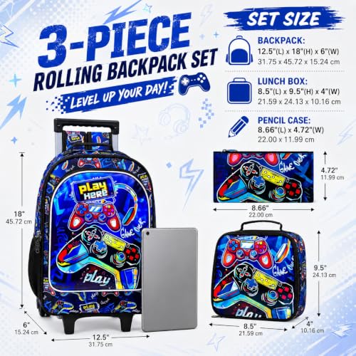 CCJPX Rolling Backpack for Boys, Kids Roller School Bag with Wheels Toddler Wheeled Bookbag Elementary - color: Red Game