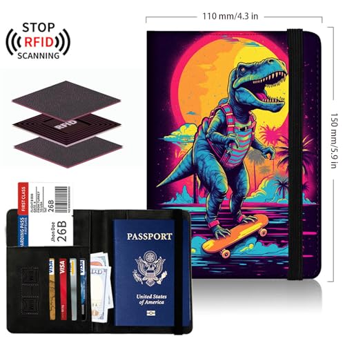 Passport Cover,Multi-Functional Travel Wallet,Stylish & Durable RFID Blocking Passport Holder, Travel Essentials for Men and Women,Funny Dinosaur - color: Funny Dinosaur