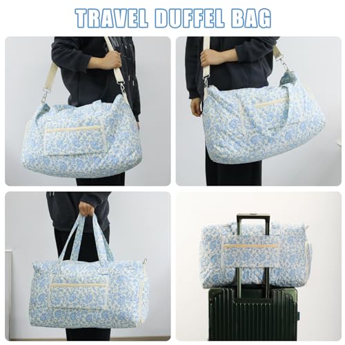 Large Quilted Travel Duffel Bag,Weekender bag with Shoe Compartment - color: Blue Floral