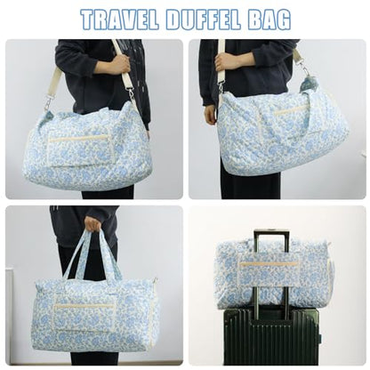 Large Quilted Travel Duffel Bag,Weekender bag with Shoe Compartment - color: Blue Floral
