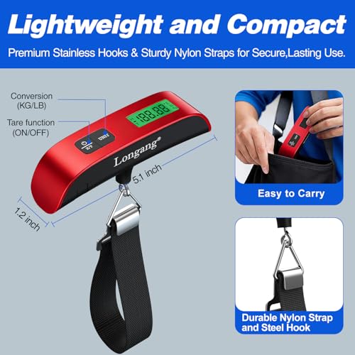 Digital Hanging Luggage Scale with Backlit for Travel, Portable Handheld Suitcase Weight Scale with Hook, 110 Pounds, Battery Included - color: Red