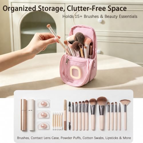 Standing Travel Makeup Bag, Small Fold-Down Makeup Brush Organizer (Pink) - color: Pink