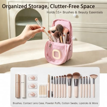 Standing Travel Makeup Bag, Small Fold-Down Makeup Brush Organizer (Pink) - color: Pink
