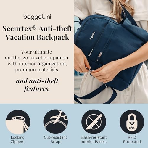 Baggallini Securtex® Anti-theft Vacation Travel Backpack 10x13 Slash-Resistant Nylon Daypack w/RFID, Portobello - color: Portobello