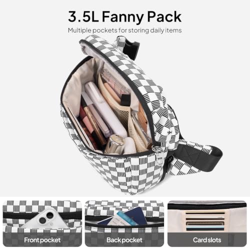 TOPEAST Waist Pack 3.5L Fanny Packs with Water Bottle Holder - color: Black White Gingham