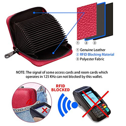 Linno RFID 20 Slots Credit Card Holder Genuine Leather Small Wallet for Women or Men with Zipper - color: Red