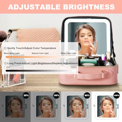 Mocado Travel Makeup Bag with Mirror Makeup Case with 8 Makeup Brushes - color: Pink With Brushes