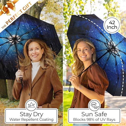 TUMELLA Strongest Windproof Travel Umbrella (Compact, 100MPH Wind-Tested), Light, Portable, One-Handed Use, Automatic Folding Rain Umbrella, Durable, Premium Grip, Fits Car & Backpack - color: 1-Moonlight