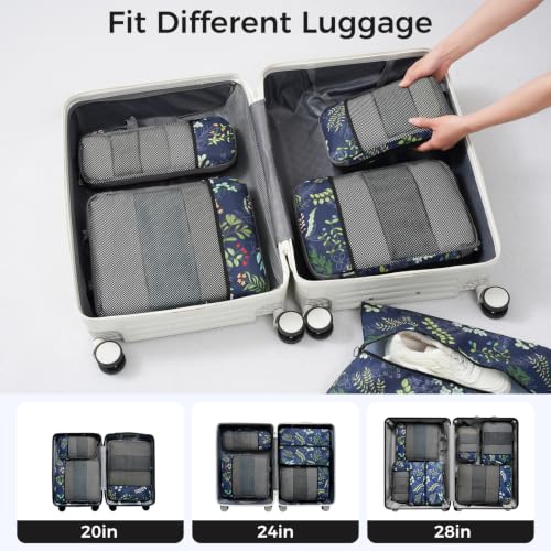 BAGAIL 4 Set/6 Set/8 Set Compression Packing Cubes Travel Accessories Expandable Packing Organizers (Half Mesh, 6-Navy Leaf) - color: 6-Navy Leaf, style: Half Mesh