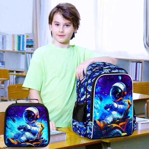 CCJPX 3Pcs Backpack for Boys, 16 Inch Preschool Elementary Kindergarten School Backpacks and Lunch Box - color: Blue Astronaut 001