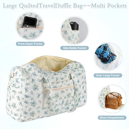 Quilted Floral Duffle Bag for Women Weekender Overnight Travel Bag - color: Cyan Print