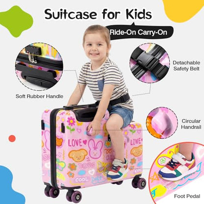20" Kids Ride On Suitcase, Lightweight Hardshell Travel Luggage with Wheels - color: Candy Garden Pink