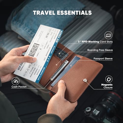 VULKIT Passport Holder Magnetic Closure RFID Blocking Travel Wallet Passport Book Cover Boarding Pass Holder Travel Essentials - color: Grain Espresso