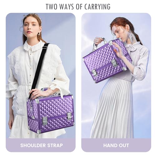 FRENESSA Makeup Train Case Makeup Case 12.6 Inch Large Cosmetic Box Organizer Travel Storage Professional Make Up Train Carrying Case with 6 Trays Locking Shoulder Strap Hard Vanity Storage Purple - color: Purple