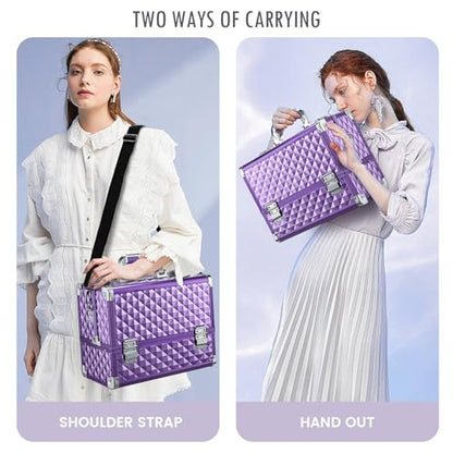 FRENESSA Makeup Train Case Makeup Case 12.6 Inch Large Cosmetic Box Organizer Travel Storage Professional Make Up Train Carrying Case with 6 Trays Locking Shoulder Strap Hard Vanity Storage Purple - color: Purple