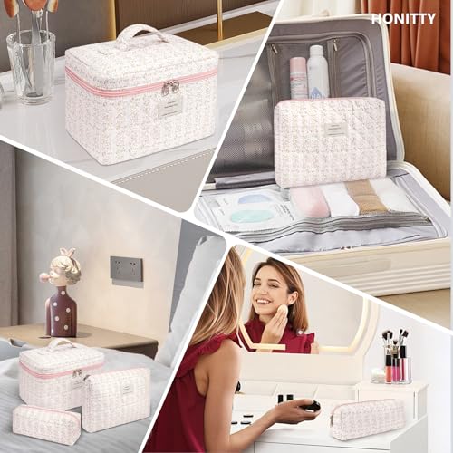 honitty Makeup Bag,Quilted Cosmetic Bags for Women - color: Pink flower