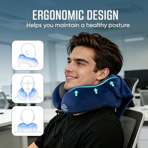 SkytraxComf® Travel Neck Pillow with Hood for Privacy on Long Flights - color: Navy Blue
