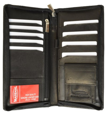 MARSHAL Zip Around Leather Travel Wallet with Passport and Boarding pass Holder - color: Black
