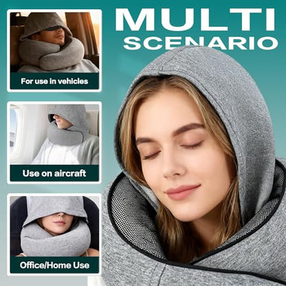 Travel Pillow with Hood - Memory Foam Neck Pillow for Airplane