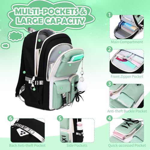 ACESAK 3PCS Teen Girls Backpack with Lunch Bag Set&USB Charging Port,Green - color: Black With Pea Green Accent