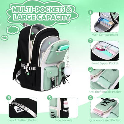 ACESAK 3PCS Teen Girls Backpack with Lunch Bag Set&USB Charging Port,Green - color: Black With Pea Green Accent