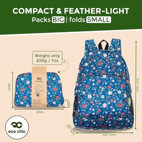 ECO CHIC 하이킹 경량 패커블 백팩 - 여행 및 야외 모험을 위한 접이식 데이팩 - 방수 백팩, 꽃무늬 네이비, 배낭 백팩 - color: 꽃무늬 네이비