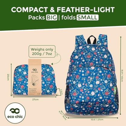 ECO CHIC 하이킹 경량 패커블 백팩 - 여행 및 야외 모험을 위한 접이식 데이팩 - 방수 백팩, 꽃무늬 네이비, 배낭 백팩 - color: 꽃무늬 네이비