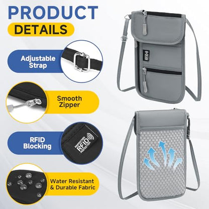 RFID 차단 여권 홀더, 여행용 목 지갑, 조절 가능한 랜야드 6칸 파우치 포함, RFID 차단, 그레이, 여행용 RFID 차단 여권 홀더 - color: RFID 차단, 그레이