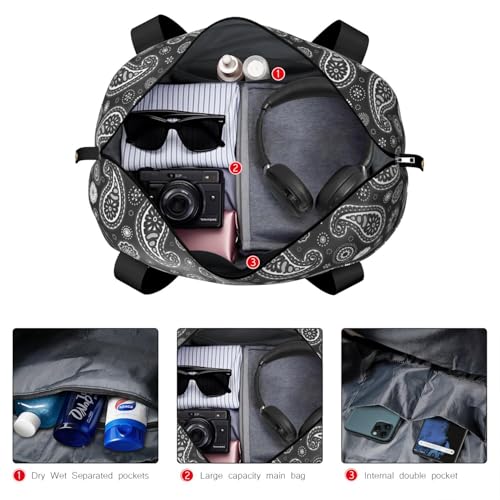 Foldable Large Travel Duffel Bags for Women - Black Gym Bag Paisely Waterproof Weekender Beach Tote Carry on Bag with Luggage Sleeve for Spirit Airlines Personal Item Bag Overnight Mom Hospital Duffle - color: Paisely05