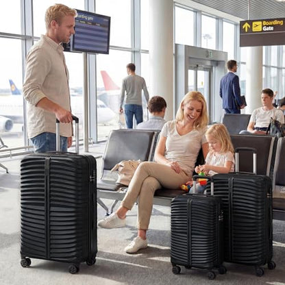 GYMAX Luggage Sets 3 Pieces Hardside Suitcase with Spinner Wheels & Lock, 20” Carry On, 24” & 28” Checked Luggage Set, Lightweight Portable for Travel, Business (Black,Pin Stripe) - color: Black, style: Pin Stripe