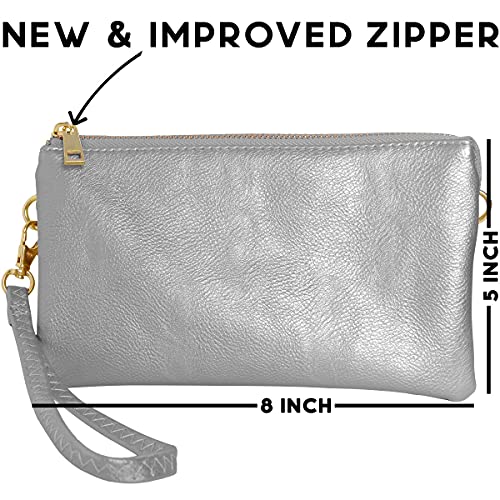 Vegan Leather Crossbody Wristlet Purse for Women - Small Convertible Clutch - color: Silver