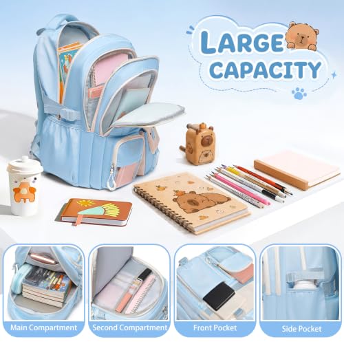 3PCS Capybara Backpack for Girls with Lunch Box Kapybara Bookbag (Blue) - color: Blue