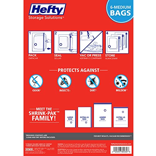 Hefty Shrink-Pak Vacuum Storage Bags - Space Saver for Under Bed Storage, Clothing and Comforters, 3X More Storage Space, 6 Medium Zipper Bags - size: Solo, style: 6 Medium / Clothing