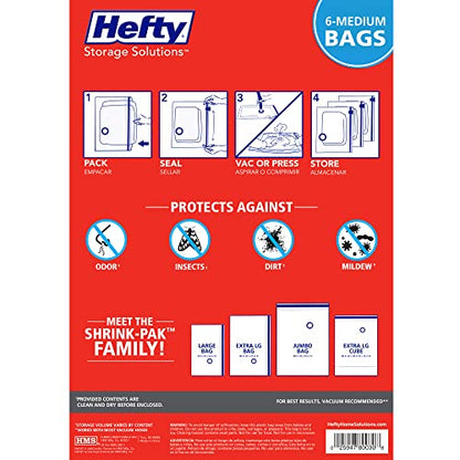 Hefty Shrink-Pak Vacuum Storage Bags - Space Saver for Under Bed Storage, Clothing and Comforters, 3X More Storage Space, 6 Medium Zipper Bags - size: Solo, style: 6 Medium / Clothing