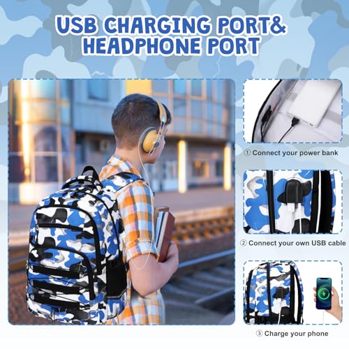 ACESAK 3PCS Camo Backpack for Boys with Lunch Box Pencil Case - color: Blue White