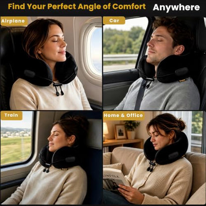 Memory Foam Travel Neck Pillow for Airplane, Neck Support, Black - color: Black