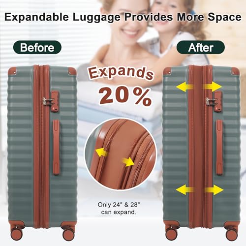 5 Piece Luggage Set, Front Opening Expandable ABS Suitcase with USB Port TSA Lock, 20/24/28 Inch Carry On Luggage Set with Toiletry Bag & Attachable Duffel Bag, Grey Green - color: N + Grey Green