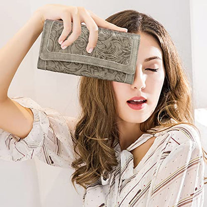 MEITRUE Women's Wallet Leather RFID Blocking Trifold Ladies Purse Embossed long Clutch Card Holder Phone Checkbook Organizer - color: 2214Gray