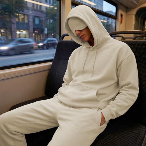 Ainangua Mens Oversized Pullover Essentials Hoodie with Eye Mask Built In Comfor Airplane Mode Travel Sleep Wearable Blanket - color: Khaki, size: Small