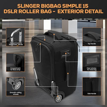 SLINGER 2-in-1 Wheeled Camera Backpack, Rolling Luggage Case with Handle and Anti-Shock Dividers for DSLR Cameras, Lenses, Hoods, Lighting, Tripod, & Accessories, Travel Bag with Wheels