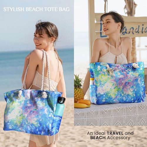 Clothirily Beach Bag for Women, Large Beach Tote Bag Waterproof with Zipper - color: Tie Dye Blue